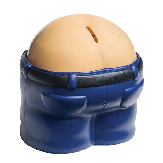 Piggy bank shaped like a butt with blue jeans on a white background