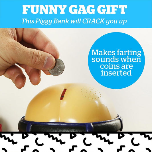 Butt shaped piggy bank with a humorous description about making farting sounds when coins are inserted, labeled as a funny gag gift.