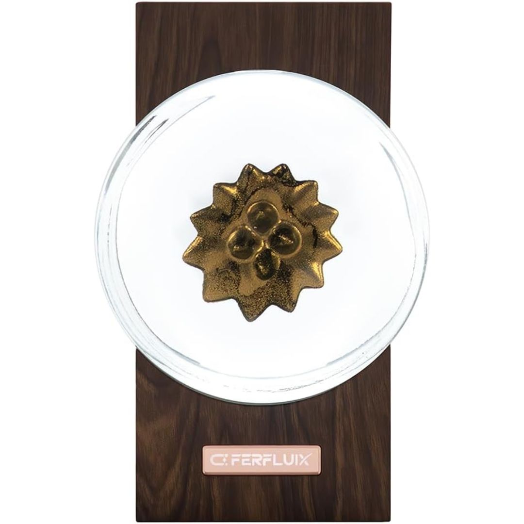 Gold Ferrofluid music visualizer lamp with magnetic fluid forming a spiked pattern inside a clear circular display on a dark wood base