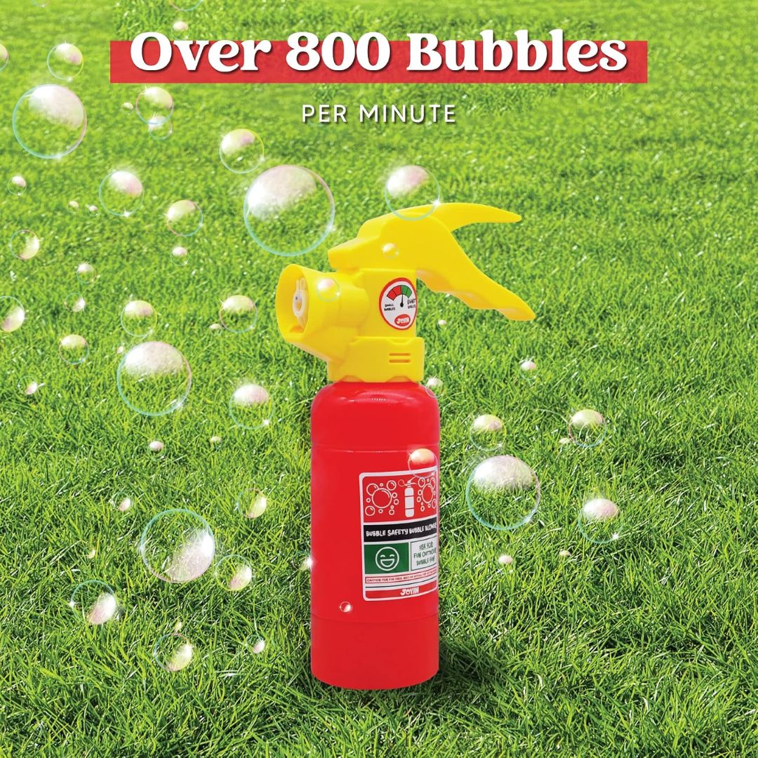 Red bubble gun shaped like a fire extinguisher with yellow handle on grass, surrounded by bubbles, with text indicating bubble production rate.