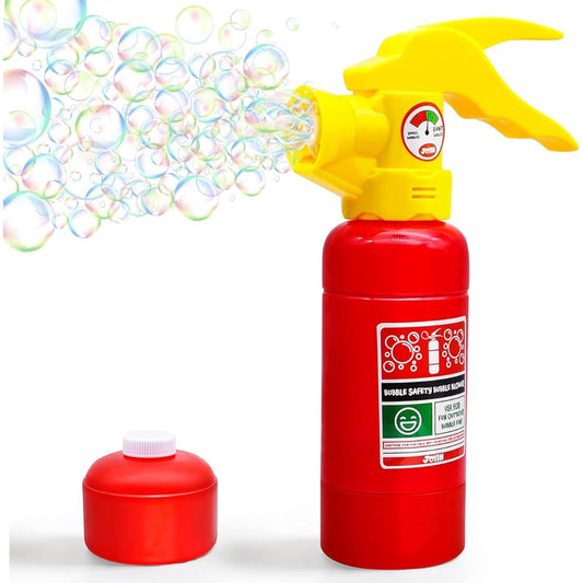 A red and yellow bubble machine spray shaped as a fire extinguisher with a detached red cap, shown on a white background with bubbles spraying out from the nozzle.