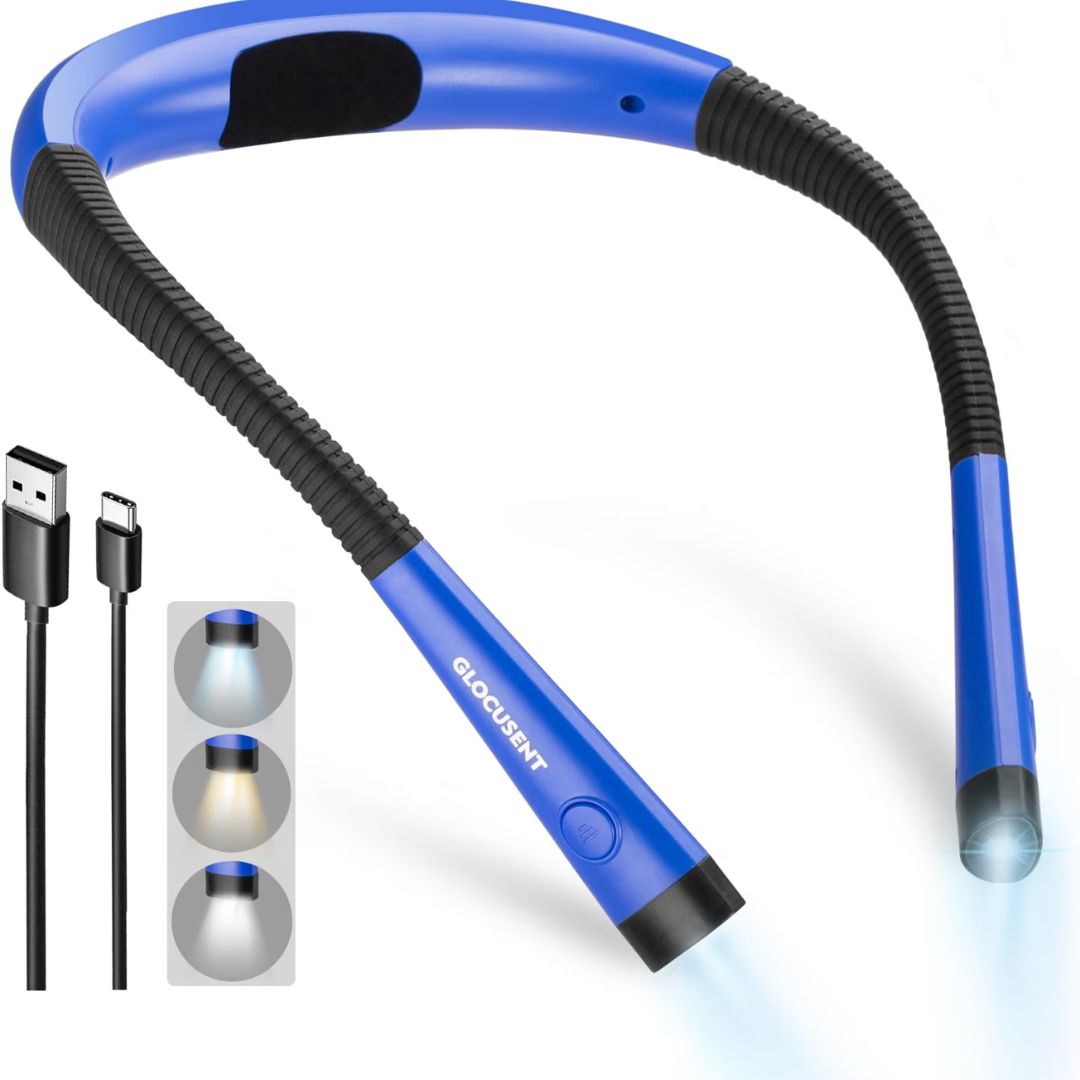 A blue flexible led neck reading light.
