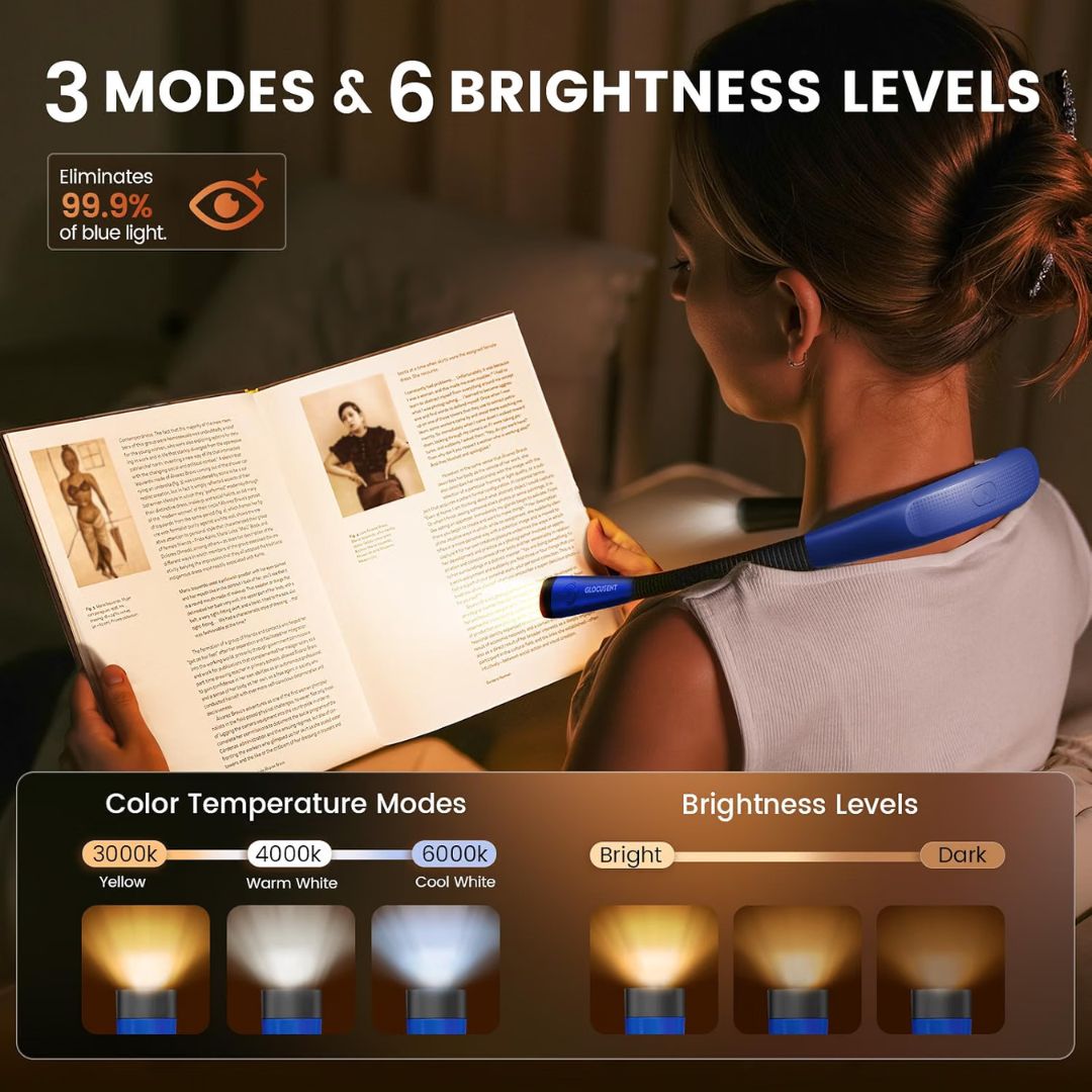 A person wearing a blue flexible led neck reading light with text information.