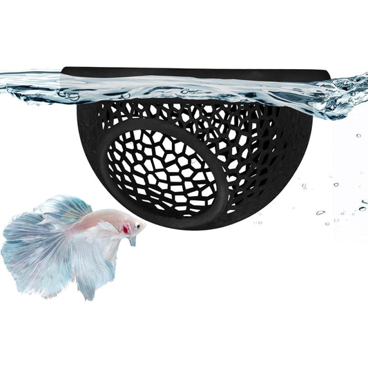 Black Betta fish net with a fish swimming underneath on a white background