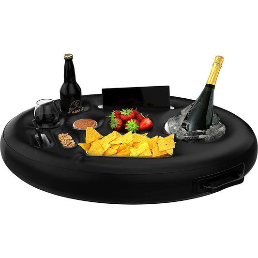 A black floating pool bar filled with food and drinks.