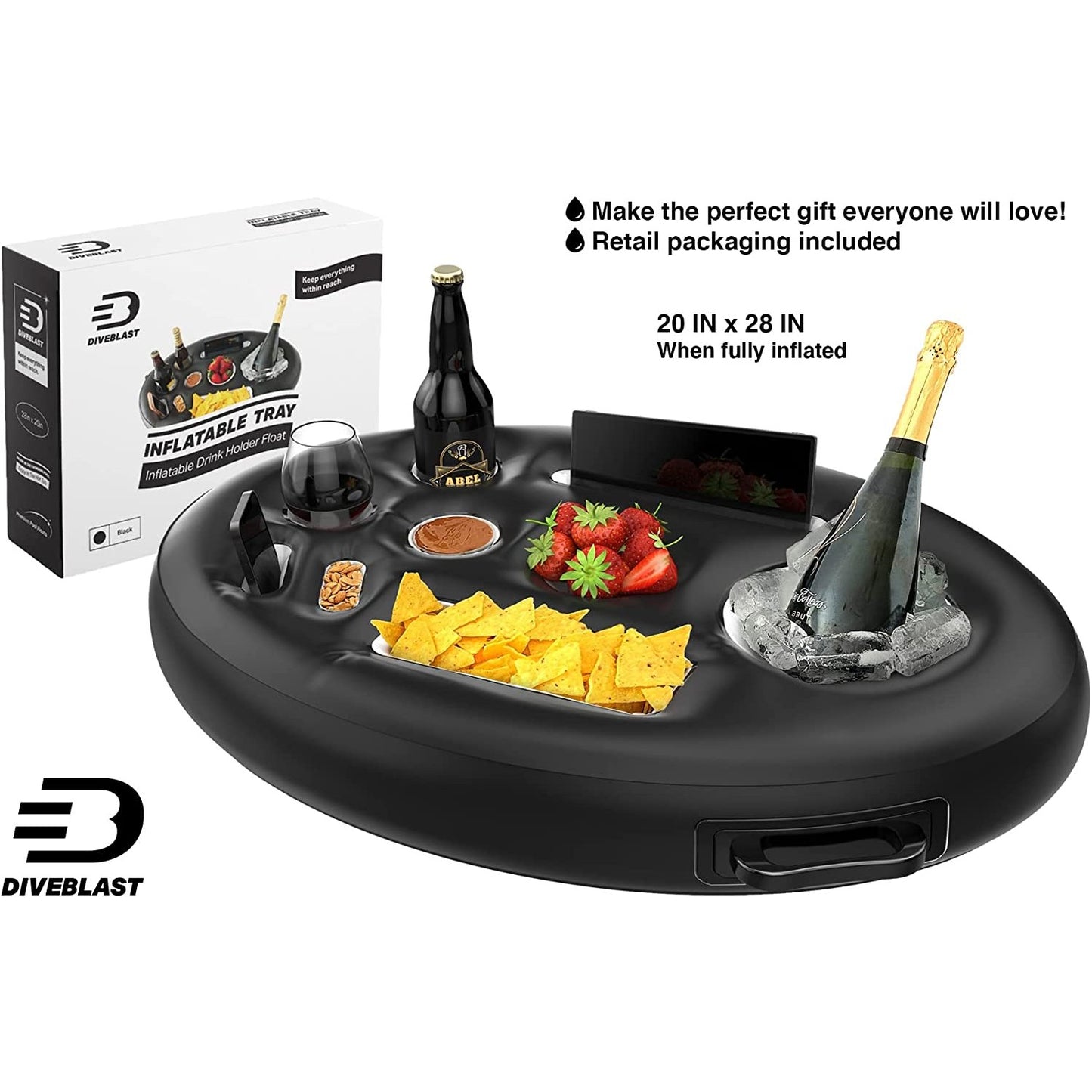 An inflatable black tray for holding food and drinks.