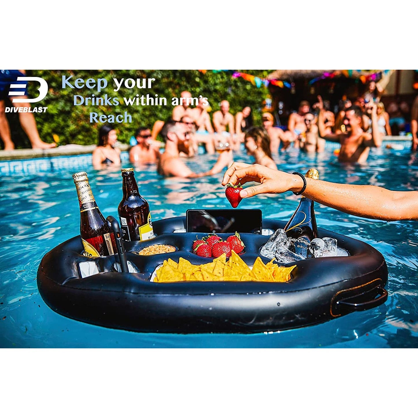 A black floating food and drink tray in a pool with people in the background.