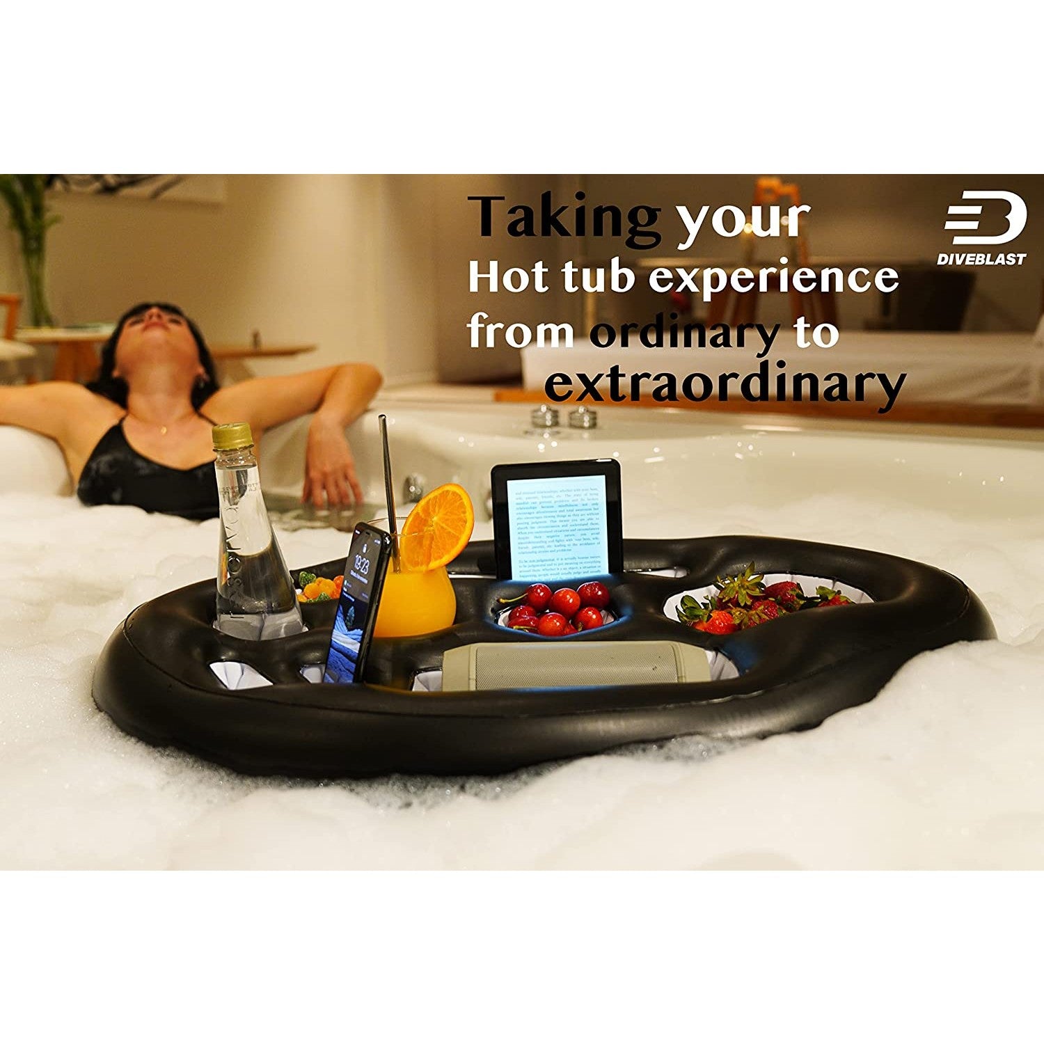 A woman is relaxing in a spa with an inflatable floating food and drink tray.