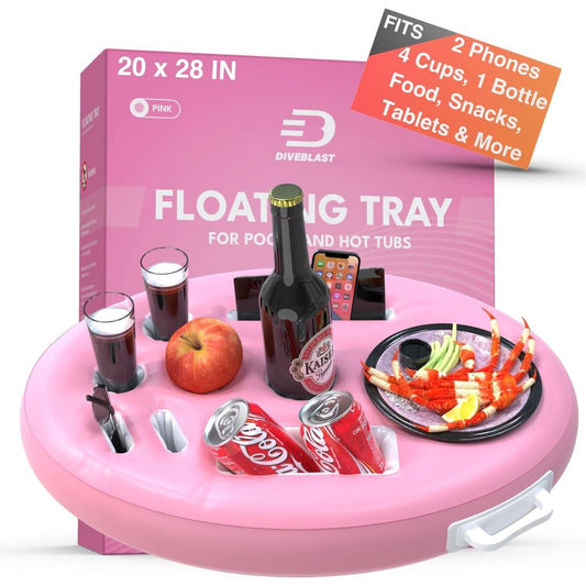 Pink inflatable floating tray with drinks and snacks on a white background