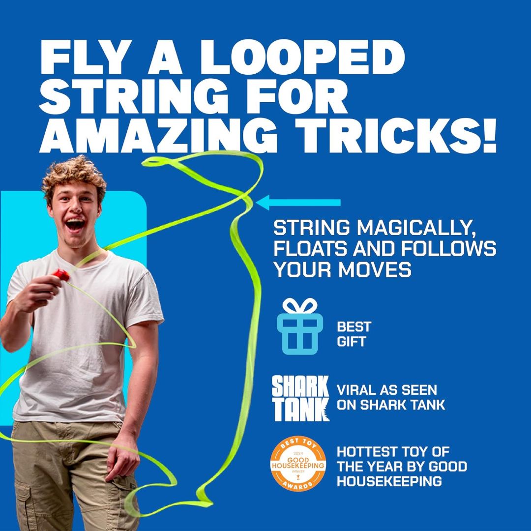 Flying string launcher toy creating floating loops and tricks with a continuous neon string