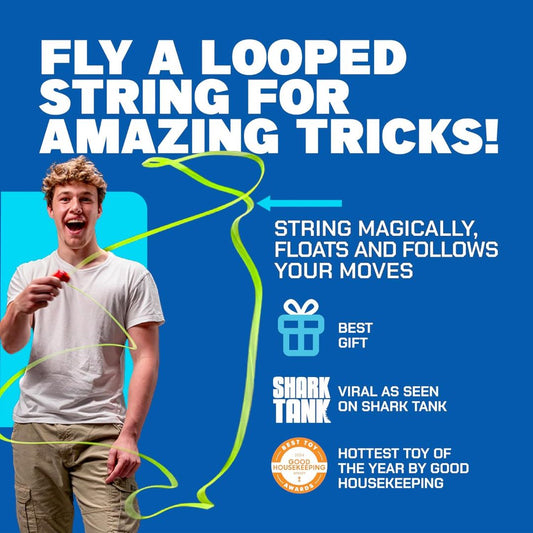 Flying string launcher toy creating floating loops and tricks with a continuous neon string