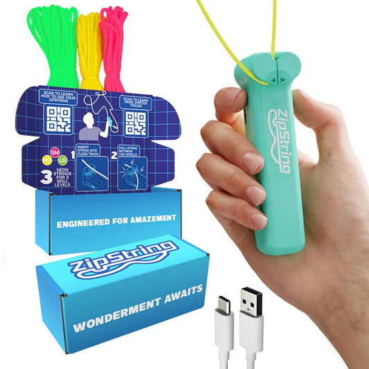 Aqua handheld flying string launcher toy with three neon strings, charging cable and retail box