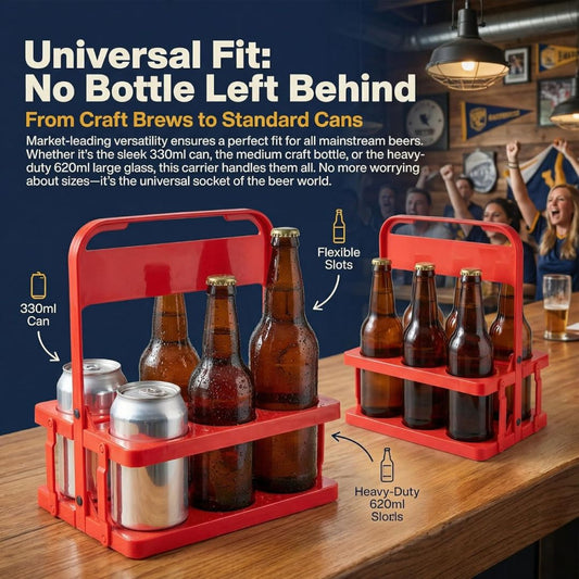 Red beer carrier holding bottles and cans with text about universal fit on a bar background.