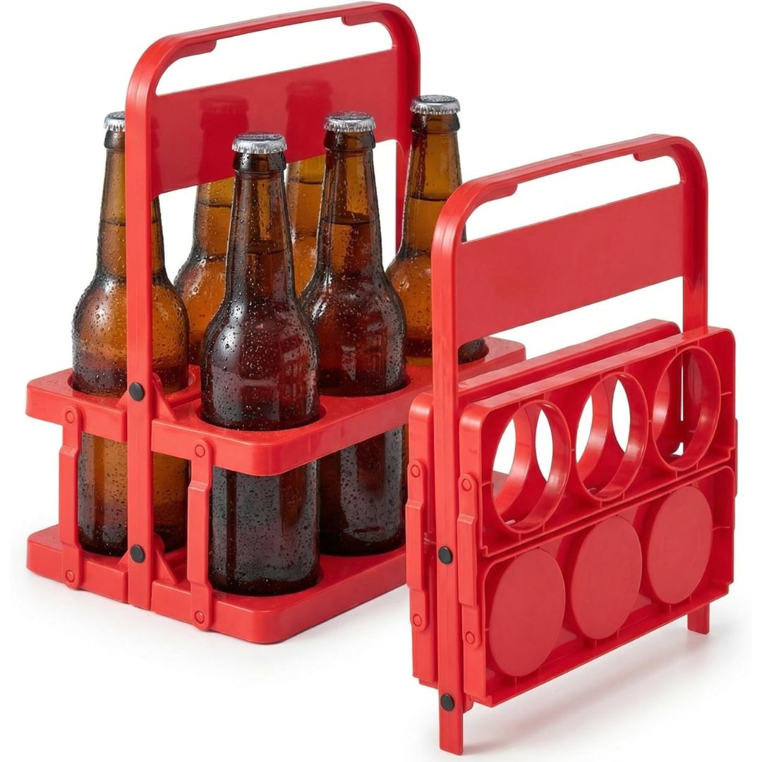 Red folding drink carrier holding six bottles