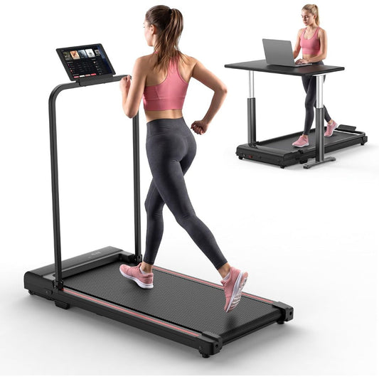 A woman walking on a foldable under desk walking treadmill pad and another insert image of her working on a laptop while on the walking pad at the same time