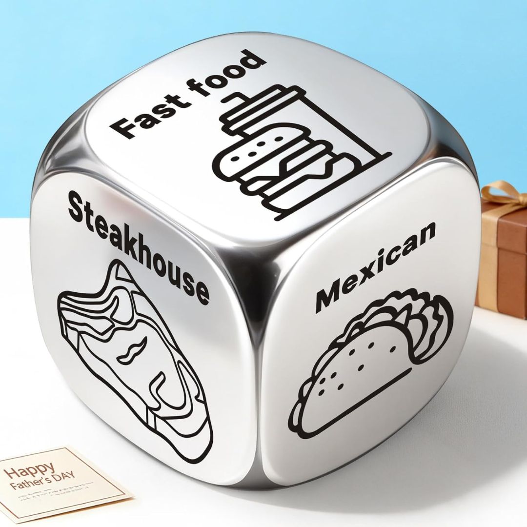 Metal food decision dice with restaurant options