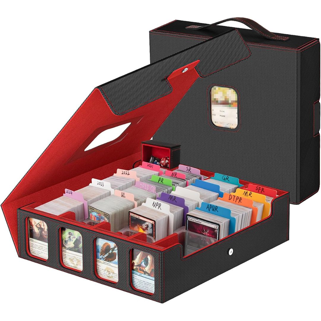 A black and red card storage organizer shown open, filled with trading cards and small labeled compartments, with the matching closed case standing behind it on a white background.