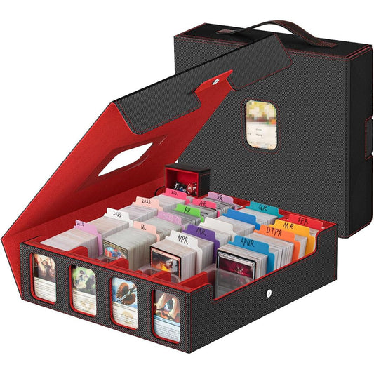 A black and red card storage organizer shown open, filled with trading cards and small labeled compartments, with the matching closed case standing behind it on a white background.