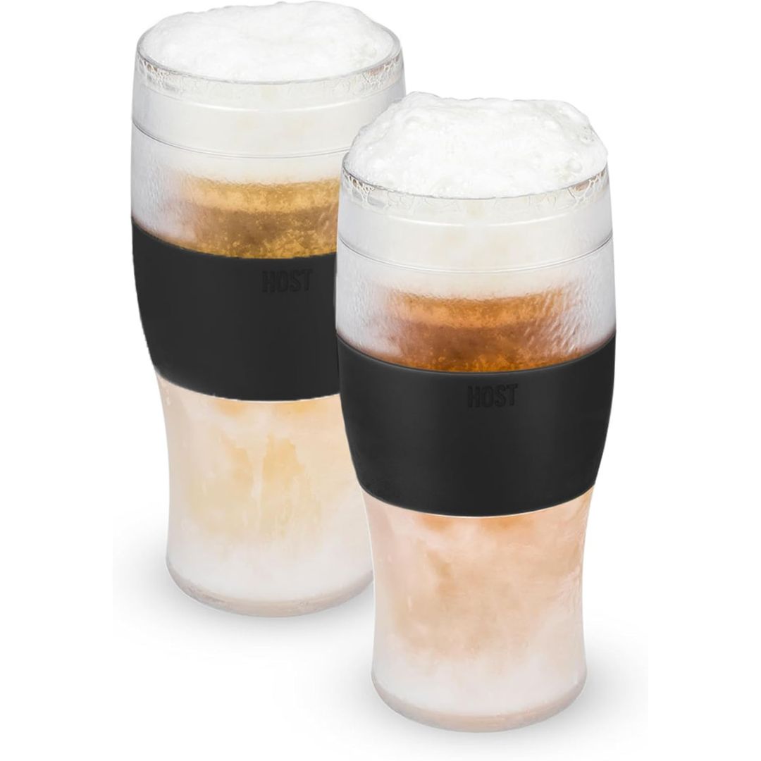 Two insulated beer glasses with frosted glass, black silicone sleeves, and beer foam-filled tops, shown on a clean white background.
