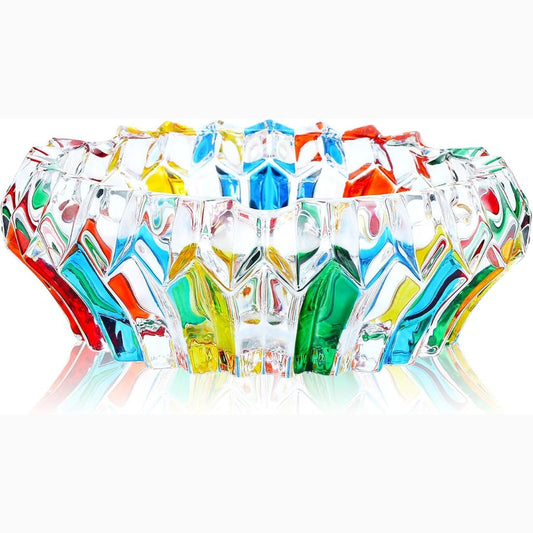 Colorful glass bowl with a decorative design on a white background