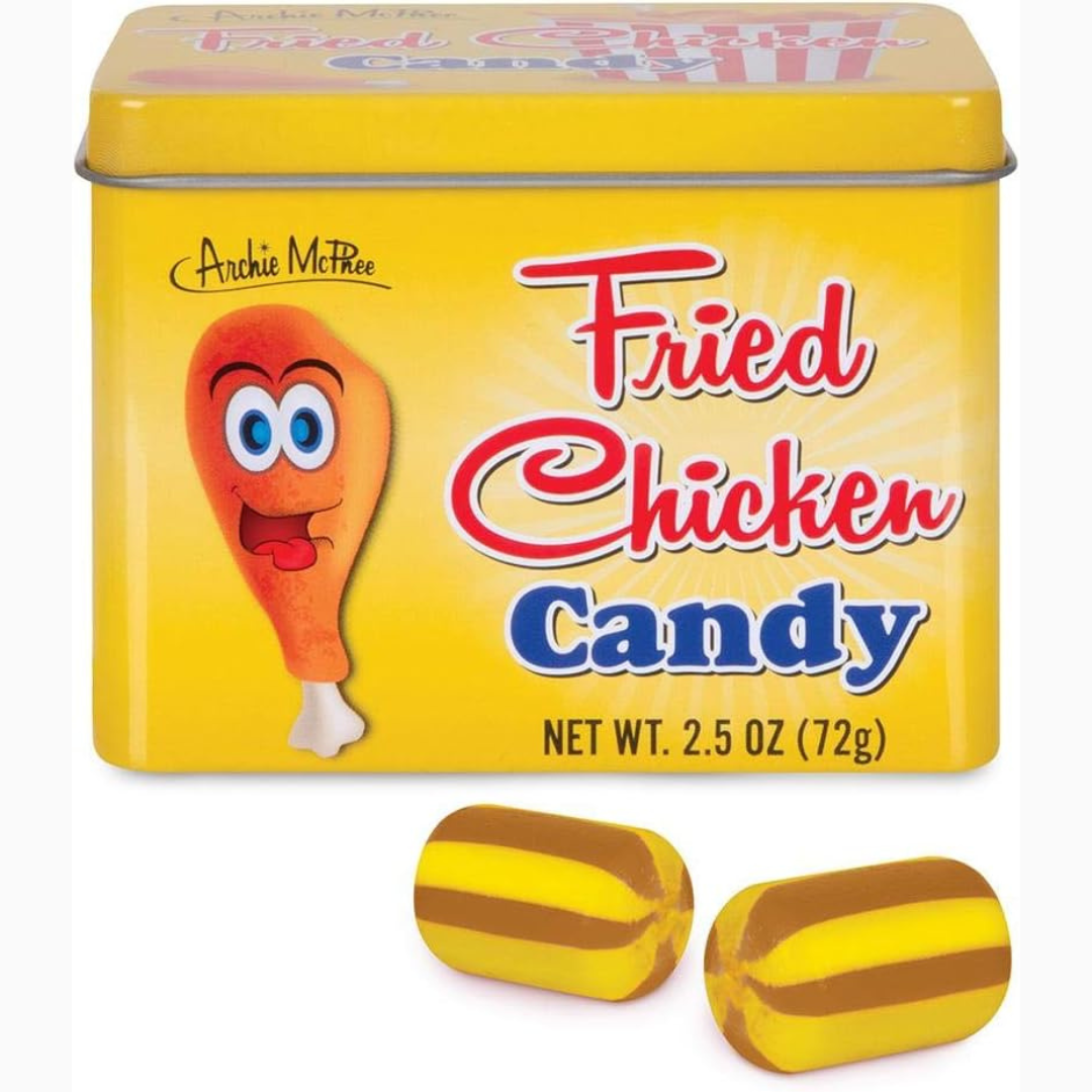 Fried Chicken Candy tin with cartoon chicken drumstick on a yellow background
