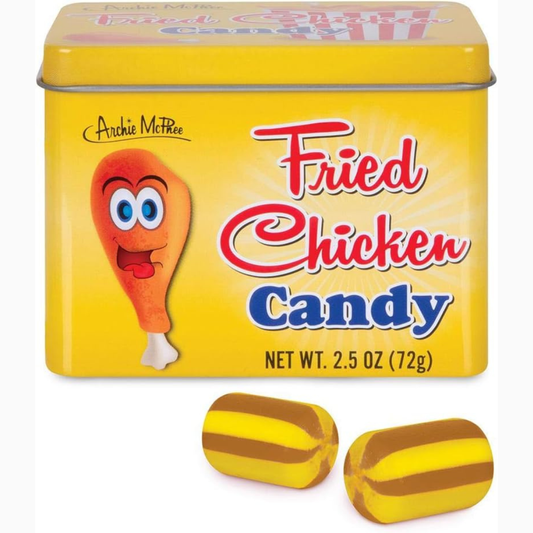 Fried Chicken Candy tin with cartoon chicken drumstick on a yellow background