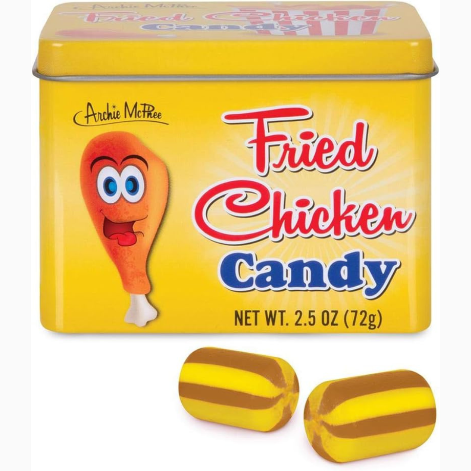 Yellow Fried Chicken Candy collectible tin with cartoon chicken drumstick and striped hard candies