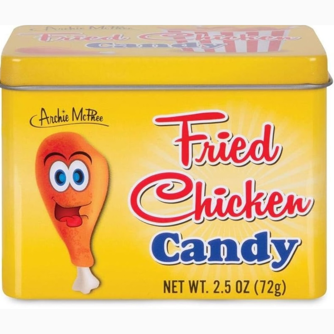 Yellow tin of 'Fried Chicken Candy' with a cartoon chicken drumstick on a white background