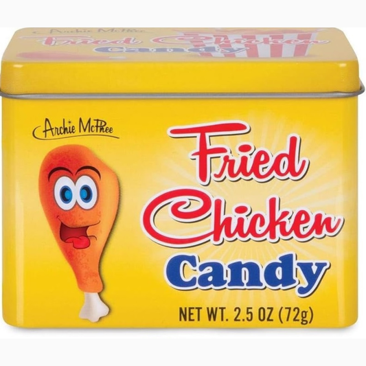 Yellow tin of 'Fried Chicken Candy' with a cartoon chicken drumstick on a white background