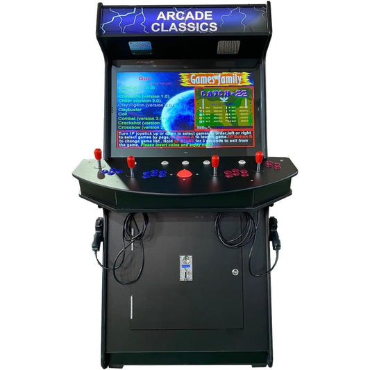 A freestanding arcade machine cabinet with a black front and base, a curved control panel with four joysticks, red buttons, and a lit color screen. The marquee at the top reads 'ARCADE CLASSICS'.