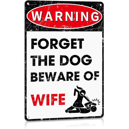Funny beware of wife metal sign with distressed warning design and bold red and black lettering