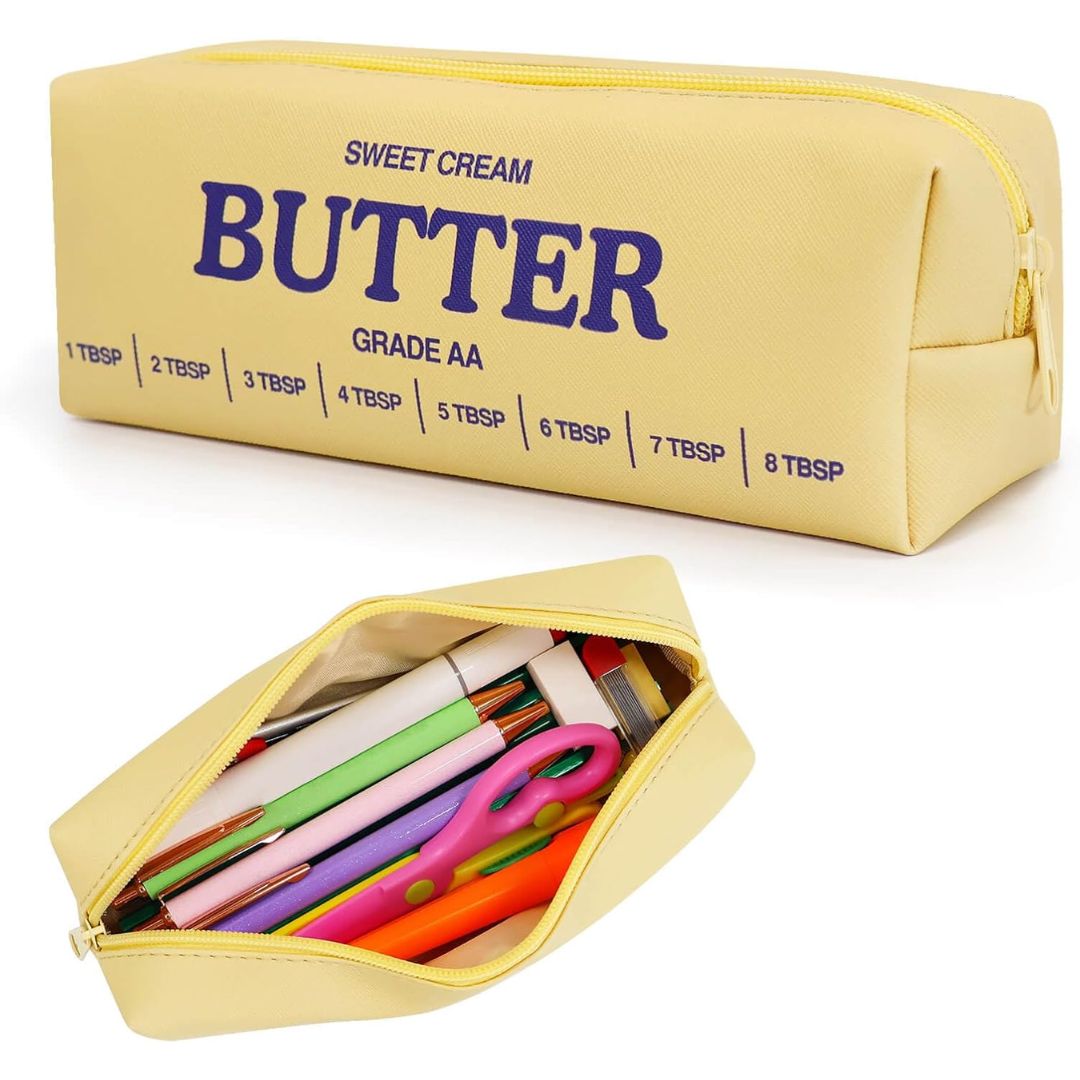 A sweet cream butter stick pencil case with another showing the contents including pencils and pens.