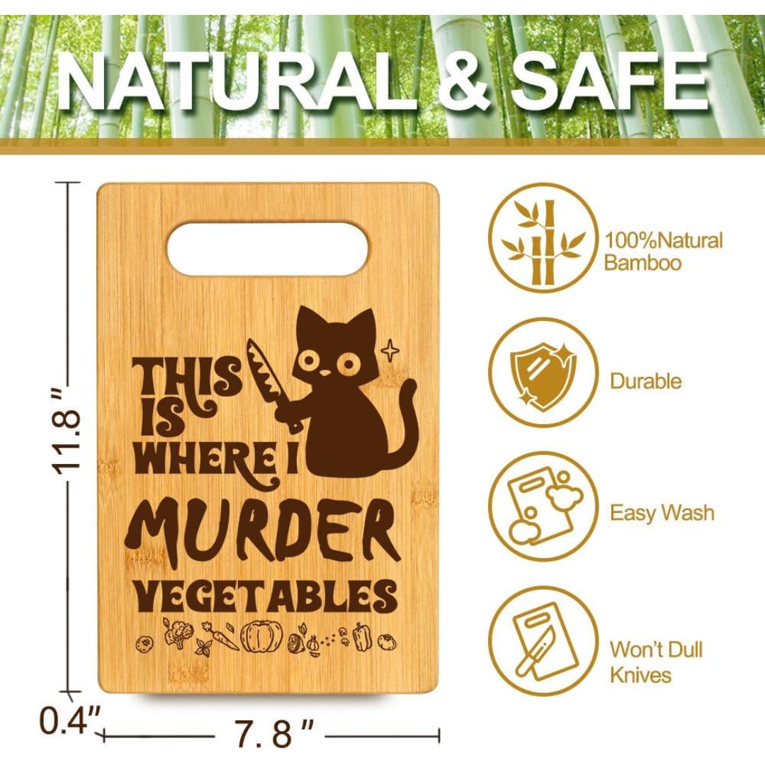 A bamboo kitchen utensil holder with a handle cutout, featuring a dark brown laser-engraved graphic of a cat holding a knife with the text 'THIS IS WHERE I MURDER VEGETABLES'. The image includes dimension markings (11.