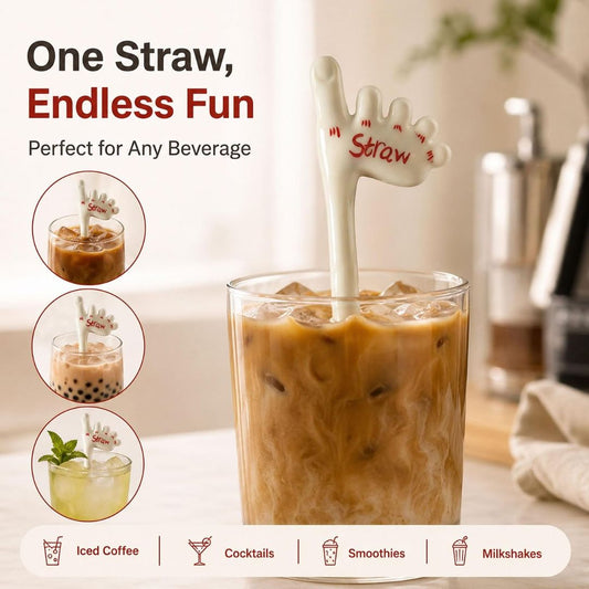 A white novelty straw shaped like a foot with the word 'Straw' written on it, shown inserted into a glass of iced coffee. The image includes marketing text reading 'One Straw, Endless Fun' and small circular usage examples with different beverages, set against a softly blurred kitchen background.