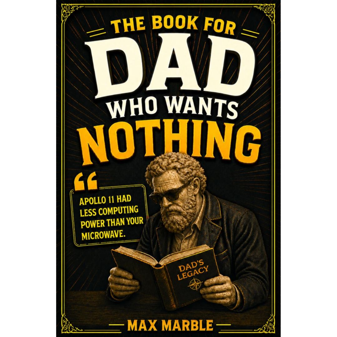 Book cover for 'The Book for Dad Who Wants Nothing' by Max Marble, featuring a vintage-style illustration of a bearded man reading a book against a dark background with bold yellow and white typography.