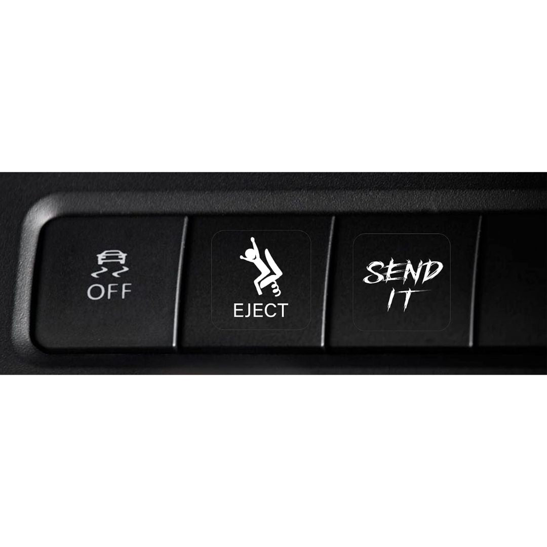 Close-up of car buttons with three buttons labeled OFF, EJECT, and SEND IT, shown against a white background.