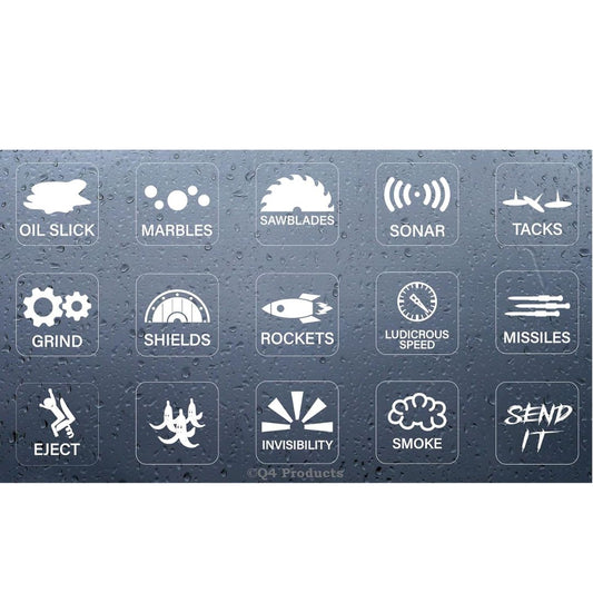 A dark gray rectangular panel of decal cat stickers with a water-droplet finish, featuring 12 white outlined decals or markings labeled with military evasion/stealth terms such as Oil Slick, Marbles, Sawblades, Sonar, Tacks, Grind, Shields, Rockets, Ludicrous Speed, Missiles, Inject, Invisibility, Smoke, and Send It.