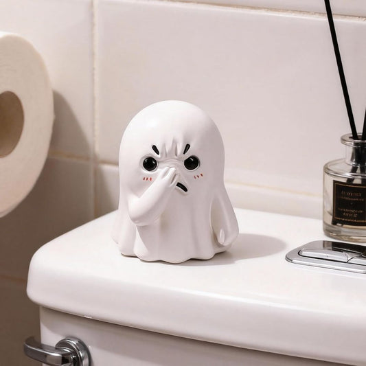 White ghost figurine holding its nose on a toilet tank with a neutral background
