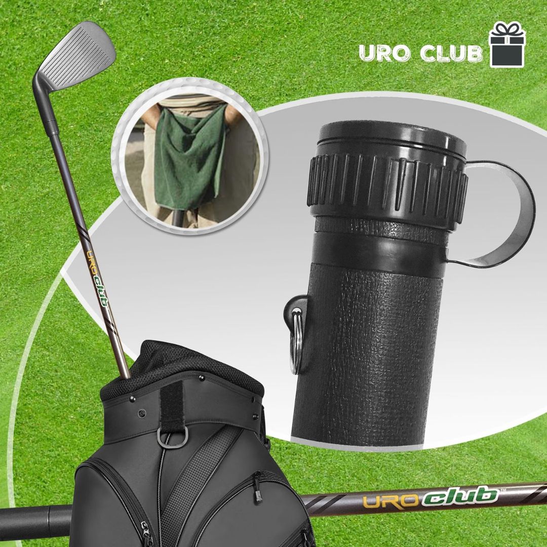 Black URO CLUB golf bag shown with a urinal golf club and a circular inset showing a green towel hanging on the bag, set against a green grass background with the text 'URO CLUB' and a gift icon.
