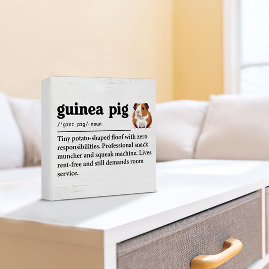 A white rectangular decorative sign with a humorous dictionary-style definition reading 'guinea pig' and a small guinea pig photo, placed on a white table in a softly lit room with a sofa in the background.