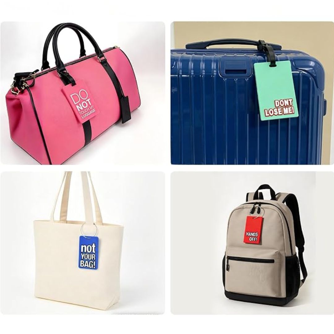 A 2x2 collage showing four different bags with matching luggage tags: a pink duffel bag, a blue suitcase, a cream tote bag, and a beige backpack. Each bag has a tag printed with the text 'DO NOT YOUR BAG! HANDS OFF'.