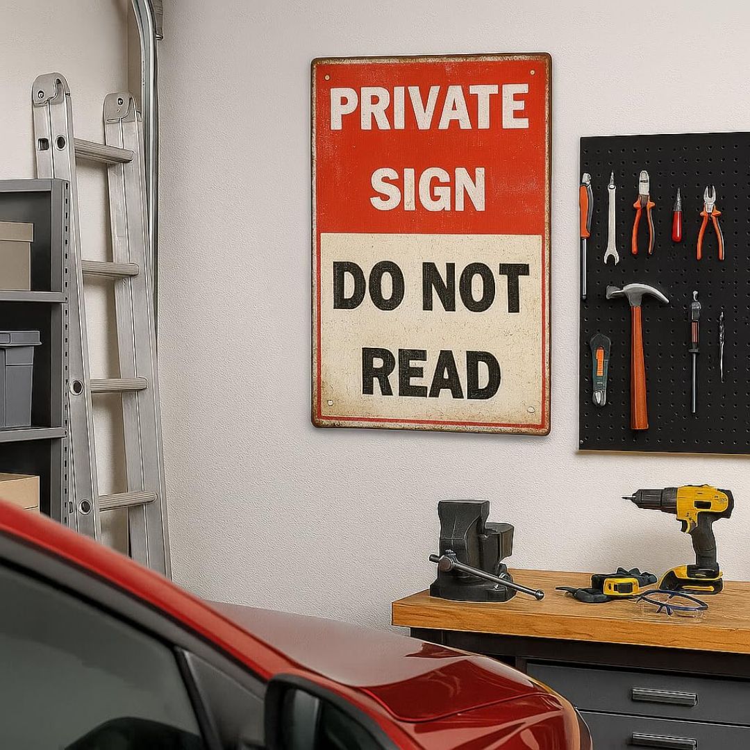 Garage setting with tools on a pegboard, a red car, and a 'Private Sign Do Not Read' sign.