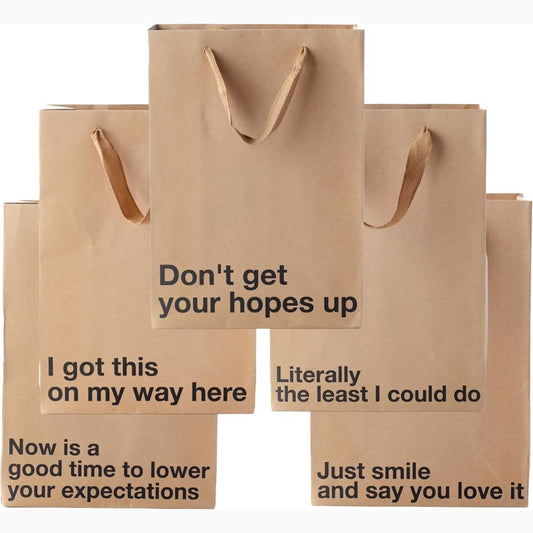 Set of five brown paper bags with funny text on a white background