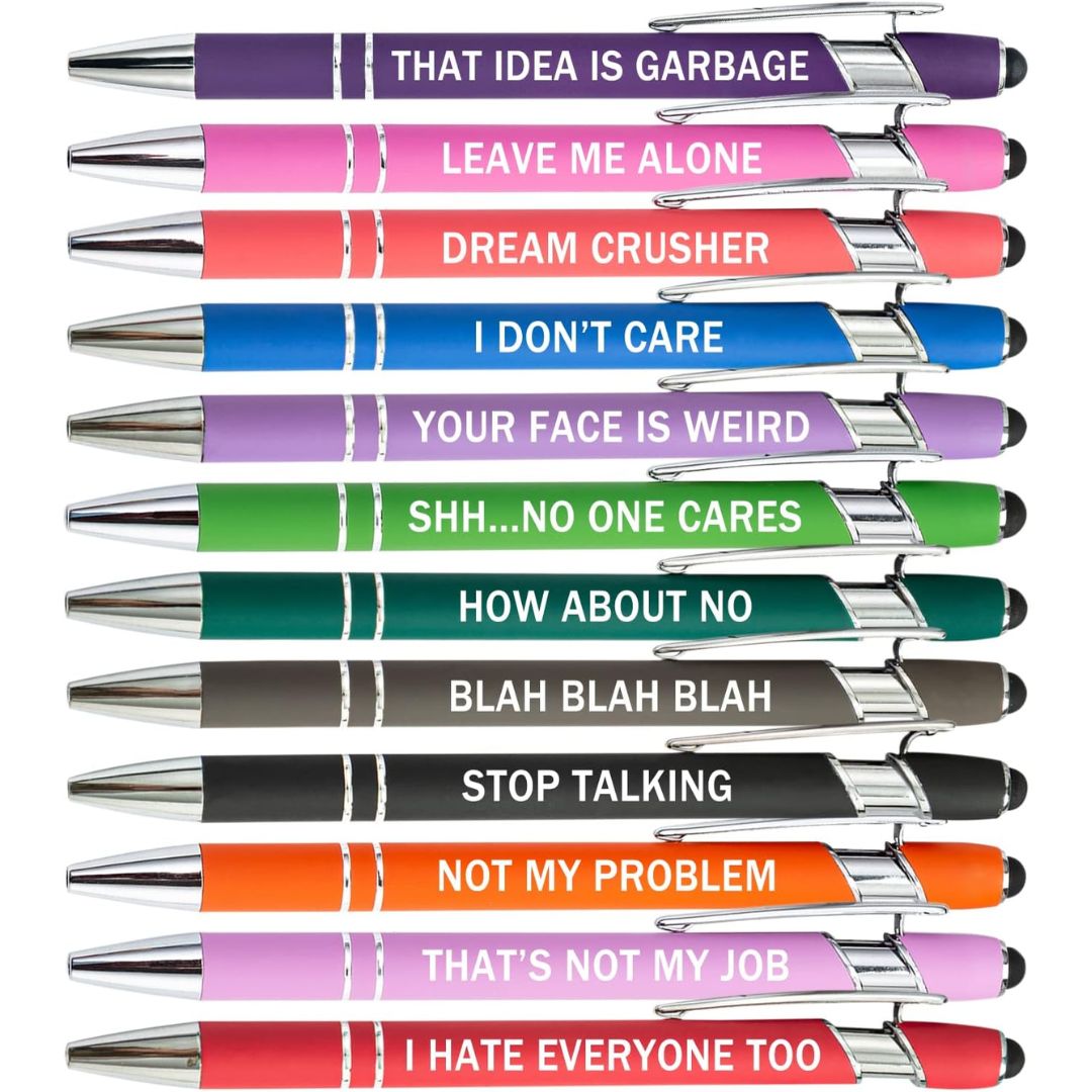 Colorful pens with sarcastic text printed on them on a white background