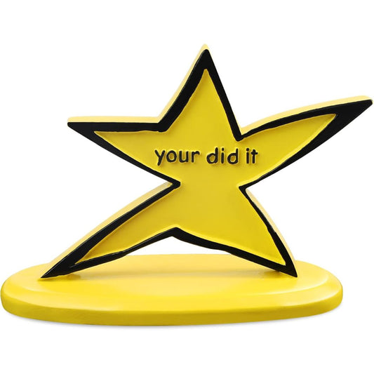 A funny yellow star shaped trophy with text, 'your did it' on a white background