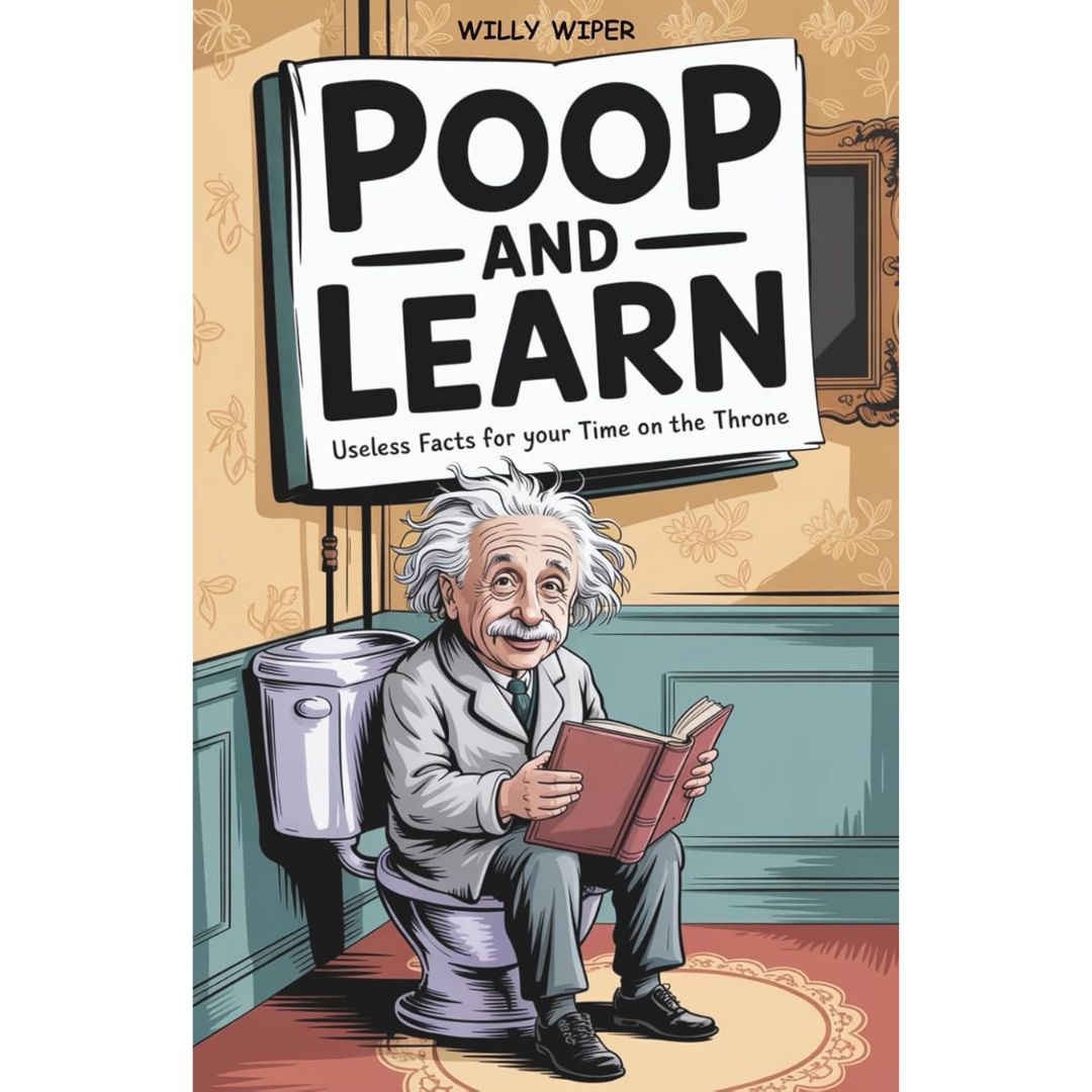Funny Poop and Learn toilet trivia book cover with cartoon scientist reading on the toilet