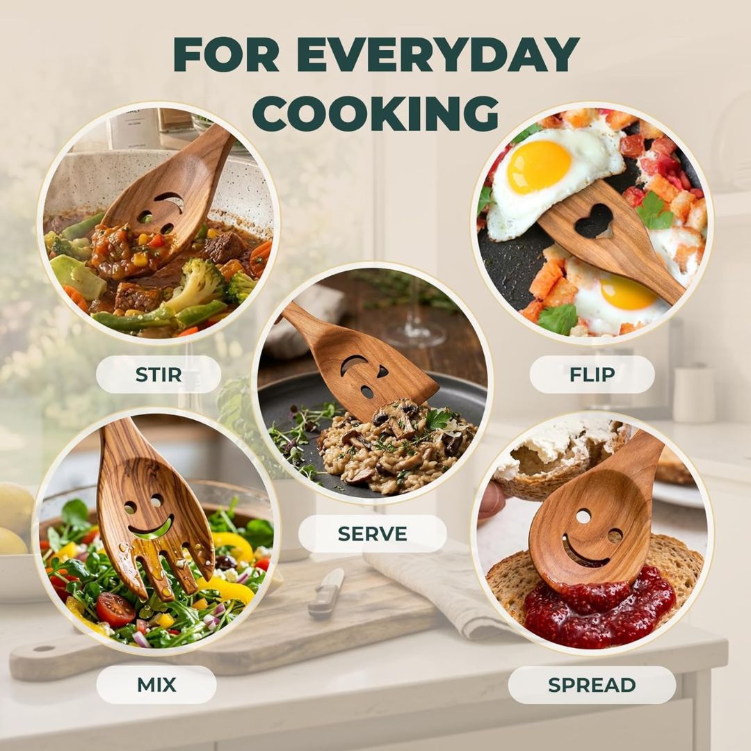 Wooden spoons with smiling faces used for cooking tasks on a kitchen counter.