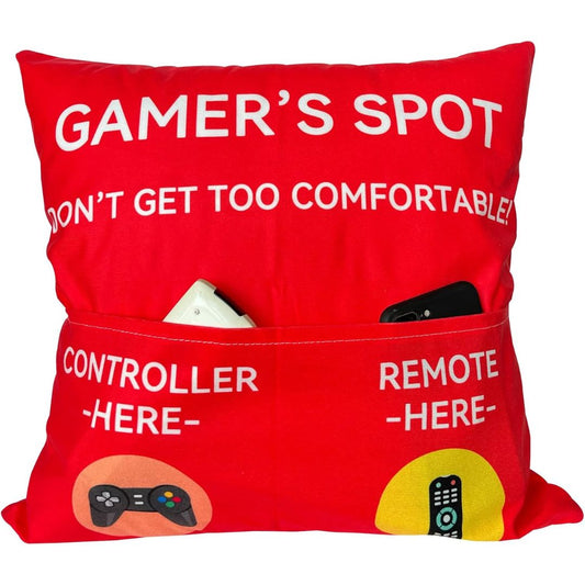 Red pillow with text and pockets for gaming accessories on a white background