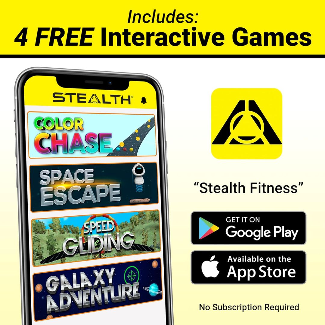 A mobile phone showing fitness games with text that reads 'Includes 4 free interactive games'
