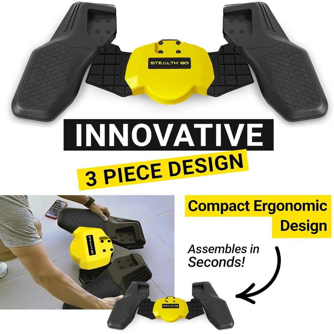 A gamified plank fitness trainer device with text saying 'innovative 3 piece design'